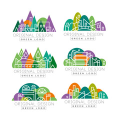 Poster - Green logo templates design set. Corporate identity, city landscape labels with buildings and trees vector illustration