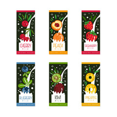 Wall Mural - Fruit milk labels set. Organic product badges. Cherry, peach, strawberry, blueberry, kiwi, pineapple milk cartoon vector illustration