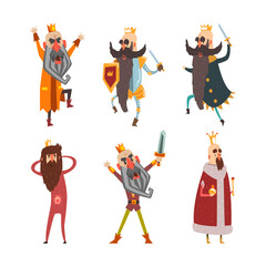 Wall Mural - Set of funny bearded kings in golden crowns and mantles. Monarchy, kingdom concept cartoon vector illustration