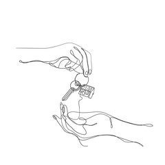 Wall Mural - continuous line drawing hand giving key house symbol for real estate illustration