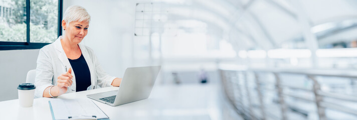 Successful businesswoman working with laptop at her office desk, Concept of business risk analysis and assessment, Banner cover design.