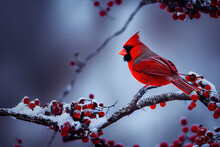 Northern Cardinal On A Branch In Winter Park Or Forest. Abstract Wildlife Background. 3d Illustration