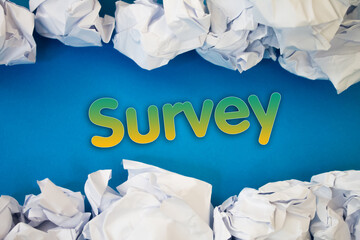 Poster - Survey text with Torn, Crumpled White Paper on colored background.