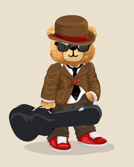 Sticker - Hand drawn teddy bear cartoon in musician stylish carrying guitar case