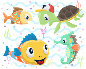 Wall Mural - Set of hand drawn funny marine animals cartoon with colorful ornaments