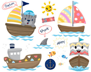 Wall Mural - Set of hand drawn boat cartoon with colorful ornaments,  funny cat on sail boat, marine animals.