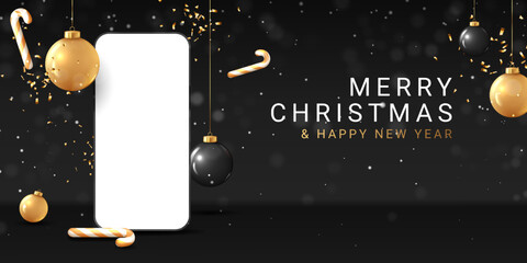 Wall Mural - Merry Christmas and Happy New Year banner. Christmas banner with realistic 3d black and golden balls, candy canes, confetti and smartphone. Xmas greeting background. Holiday vector illustration.