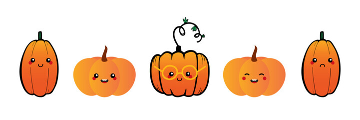 Wall Mural - set, collection of variety of cute cartoon style and doodle style pumpkin characters for autumn, fal