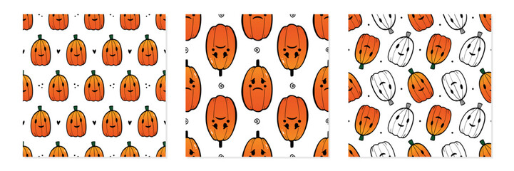 Wall Mural - set, collection of three halloween vector seamless pattern backgrounds with pumpkins, jack o lantern