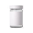 Glass jar with  white paper label and white cup on transparent background.