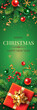 © Yulia Ogneva - Vertical banner with gold and red Christmas symbols and text. Christmas tree, gifts, golden tinsel confetti and snowflakes on green background. Header for website template.