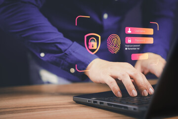 Poster - Man typing login and password, cyber security concept, Secure encryption and access to the user's private information to access the Internet.
