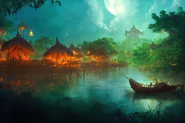 Wall Mural - Fisherman Home Village Forest River Starry Moon Night. Fantasy Backdrop Concept Art Realistic Illustration Video Game Background Digital Painting CG Artwork Scenery Artwork Serious Book Illustration
