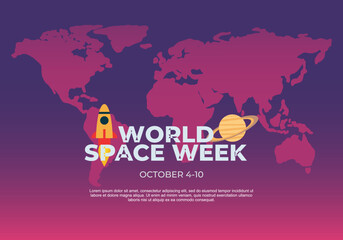  Word space week background with world map, rocket and ufo.