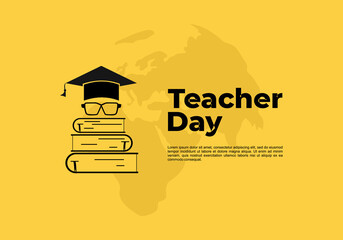 Teacher day background with world map, hat, glasses and books.