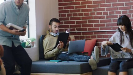 Poster - Group teamwork, documents and planning of business meeting strategy collaboration in tech information company. Management of digital marketing startup agency giving staff growth data portfolio report