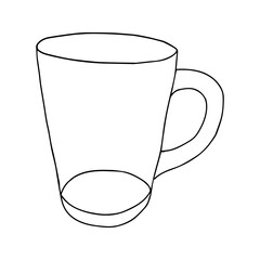 Wall Mural - Black hand drawn illustration of a glass transparent empty cup for hot tea or coffee isolated on a white background