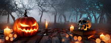 Halloween Background With Candles, Skull And Pumpkin Decoration. Atmospheric Graveyard Tabletop.