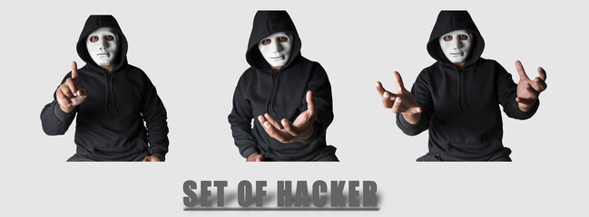 Wall Mural - Set of images of an anonymous masked hacker using a smartphone to hack credit card financial information. concept of hacking and malware
