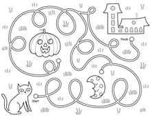 Help A Black Cat Find Path To The House. Black And White Halloween Maze Game For Kids In Cartoon Style. Funny Puzzle For School And Preschool. Vector Illustration