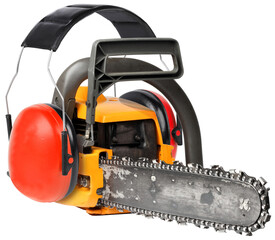 Chain saw with ear protectors, working safety concept