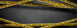 © OneClic - Crime scene with yellow police line. True crime story podcast background banner with copy space. Do not cross tape and dark concrete wall.