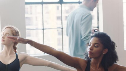 Aufkleber - Yoga busy office stretching and women doing fitness for wellness, mental health and focus while working at a creative company. Female employees training with pilates meditation in design workplace
