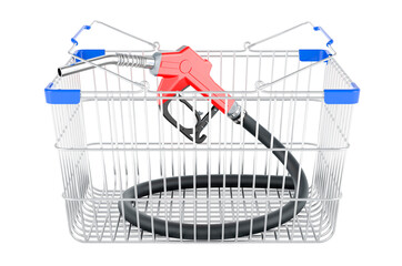 Poster - shopping basket with fuel nozzle pump, 3d rendering