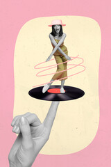 Canvas Print - Creative abstract template collage of funny crazy young woman dancing hand hold finger spinning vinyl recorder vintage retro music lovers