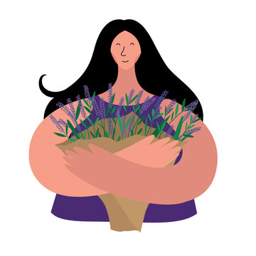 A woman with a bouquet of lavender in her hands. White background
