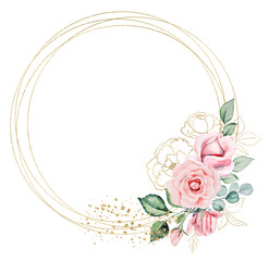 Wall Mural - Round golden Frame frame made of pink watercolor flowers and green leaves, wedding design