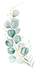 Wall Mural - Bouquet made of green and golden watercolor eucalyptus leaves, wedding illustration