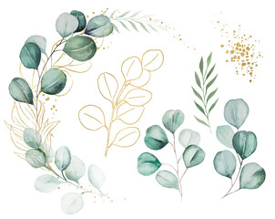 Bouquet made of green and golden watercolor eucalyptus leaves, wedding illustration