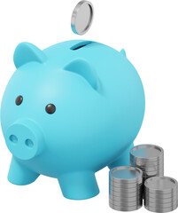 Poster - Blue piggy bank, dropping coins, stacks of money. PNG icon on transparent background. 3D rendering.