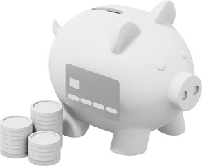 Poster - White piggy bank, stacks of coins and credit card. PNG icon on transparent background. 3D rendering.