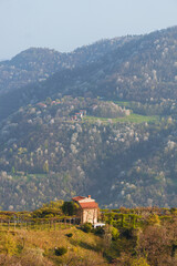 Wall Mural - the alps, lakes and cities of brianza seen in the sunset light from the top of mount Barro, near the town of lecco, Italy - April 2022.