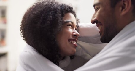 Poster - Love, happy and kiss from couple with blanket bonding, relax and enjoy romantic quality time together. Peace, freedom or relationship happiness for cozy Brazil man and girl with cover for winter cold