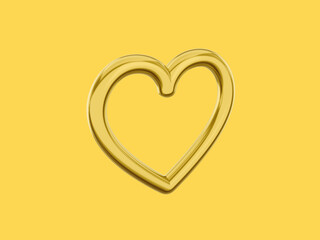 Poster - Toy metal heart. Symbol of love. Golden mono color. On a solid yellow background. View left side. 3d rendering.
