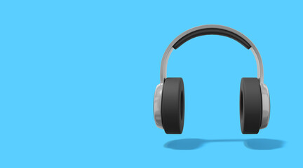 Poster - Realistic gray headphones on blue background with space for text. Front view. 3d rendering.