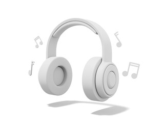 Poster - White headphones with notes on white background. 3d rendering.