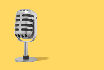 Poster - Retro microphone. Minimalist cartoon. Silver icon on yellow background with space for text. 3D rendering.
