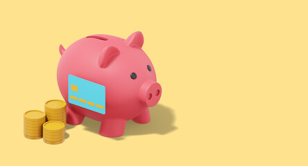 Poster - Accumulation of savings icon. Banner, space for text. 3D rendering. Pink piggy bank with stacks of coins, credit card on yellow background.