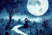 Watercolor Art Halloween Old Haunted Cemetery In Deathly Silence, Aged And Decaying Tombstones, Would Be Scary If The Undead Rose At Night - Illuminated By Full Moon Glow And Guarded By Bats. 