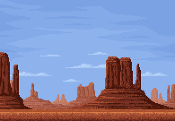 Wall Mural - 8bit pixel desert with mountain rocks, game landscape and video arcade vector background. 8 bit pixel game landscape of desert valley with canyon rocks or stones under sky clouds for game level scene