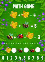 Poster - Math game worksheet, cartoon funny insect characters counting puzzle in flower frame. Vector quiz of kids education with butterfly, bumblebee and ladybug insect personages on grass meadow background