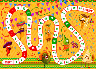 Leinwandbilder - Board game with mexican burrito, pepper, avocado, tortilla and jalapeno, vector food characters. Kids puzzle riddle or start and finish tabletop dice game with Mexican cartoon personages in sombrero
