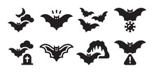 Set Of Bat Icon Vector Illustration. Collection Of Spooky Black Silhouette Of Bat Animal For Halloween Night.