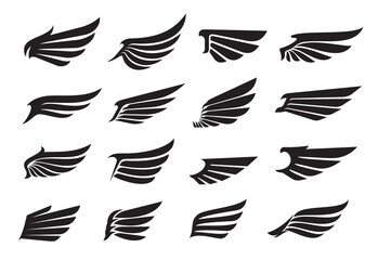 Wall Mural - Eagle wing icons, angel wing tattoo and bird feather silhouettes, vector heraldic symbols. Wings emblem of angel or eagle, freedom and power signs, dove bird feathers for aviation and royal heraldry