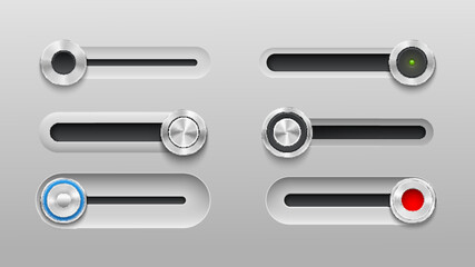 Poster - UI slider bar buttons, volume slide toggles and switch control, vector web interface. Realistic metal slider buttons for music player or equalizer and menu settings, switch on and off toggles