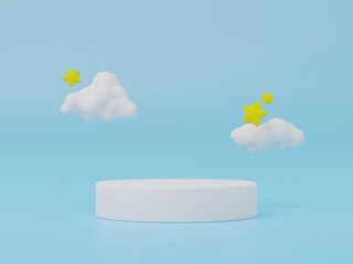 Poster - 3d render of geometry showcase podium and floating cloud with stars for product presentation.